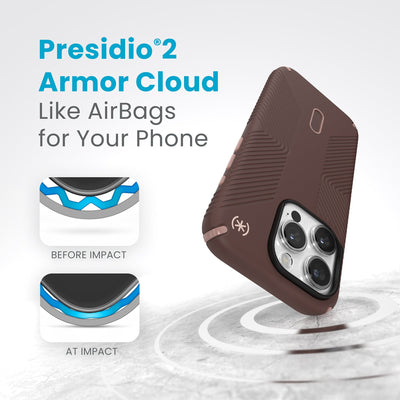 A case with phone inside hits a hard surface on the top corner. Diagrams show Armor Cloud case lining before and at impact. Text reads Presidio2 Armor Cloud. Like airbags for your phone. #color_new-planet-clay-tan