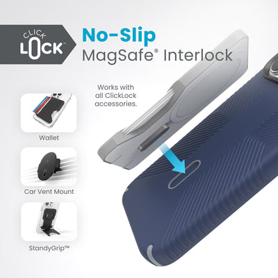 A ClickLock Wallet hovers above a ClickLock case with interlock bolt extended and arrow pointing to bolt receptacle on case. Text in image reads ClickLock No-Slip MagSafe Interlock. Works with all ClickLock accessories - Wallet, Car Vent Mount, and StandyGrip.#color_coastal-blue-dust-grey
