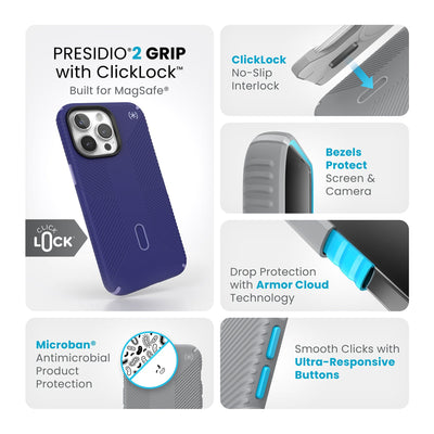 Summary of all product features such as MagSafe compatibility, ClickLock no-slip interlock, drop protection with Armor Cloud technology, Microban antimicrobial product protection, raised bezels to protect screen and camera, and smooth clicks with ultra-responsive buttons.#color_future-blue-purple-ink