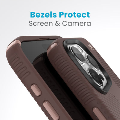 A case with phone inside with camera facing up is lying on top of a case with phone inside with screen facing up. Both are at a sharp angle clearly showing case's raised bezels around screen and camera. Text reads bezels protect screen and camera.#color_new-planet-clay-tan