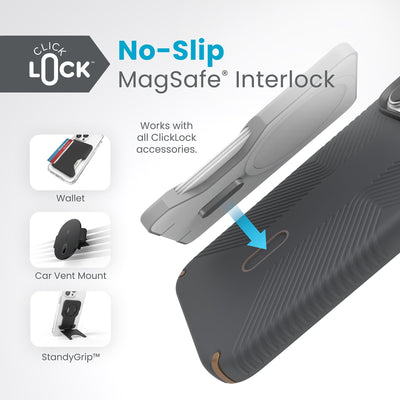 A ClickLock Wallet hovers above a ClickLock case with interlock bolt extended and arrow pointing to bolt receptacle on case. Text in image reads ClickLock No-Slip MagSafe Interlock. Works with all ClickLock accessories - Wallet, Car Vent Mount, and StandyGrip.#color_charcoal-grey-cool-bronze