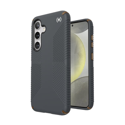 Three-quarter view of back of phone case simultaneously shown with three-quarter front view of phone case#color_charcoal-grey-cool-bronze