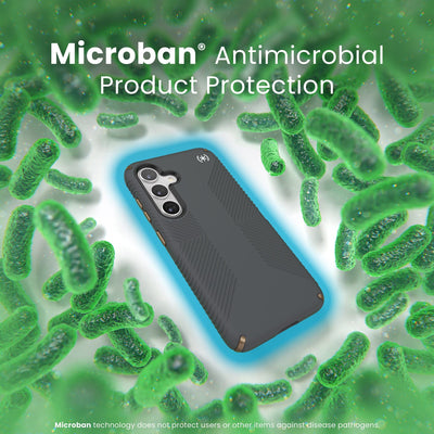 A case is surrounded by bacteria. A halo around the phone keeps the bacteria away. Text reads Microban antimicrobial product protection#color_charcoal-grey-cool-bronze