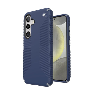 Three-quarter view of back of phone case simultaneously shown with three-quarter front view of phone case#color_coastal-blue-dust-grey