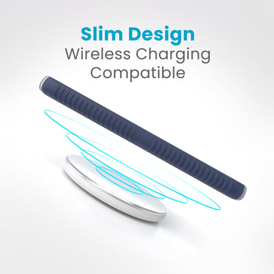 A phone is charging over a wireless charger. Text reads slim design, wireless charging compatible#color_coastal-blue-dust-grey