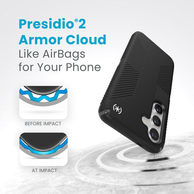 A case hits a hard surface. Diagrams show case lining before and at impact. Text reads Presidio2 Armor Cloud. Like airbags for your phone#color_black-slate-grey