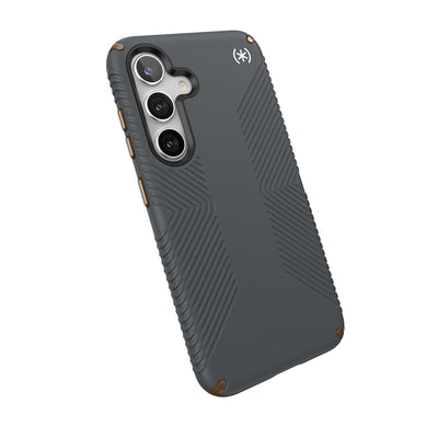 Tilted three-quarter angled view of back of phone case#color_charcoal-grey-cool-bronze