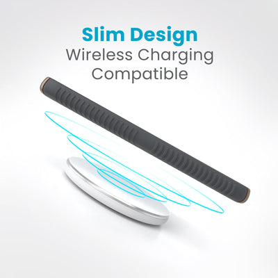 A phone is charging over a wireless charger. Text reads slim design, wireless charging compatible#color_charcoal-grey-cool-bronze