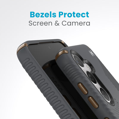 A case with camera facing up is on a case with screen facing up. Raised bezels around screen and camera are clearly visible. Text reads bezels protect screen and camera#color_charcoal-grey-cool-bronze