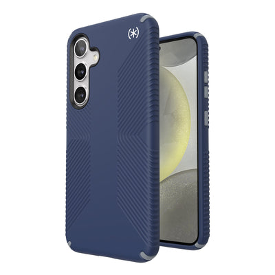 Three-quarter view of back of phone case simultaneously shown with three-quarter front view of phone case#color_coastal-blue-dust-grey
