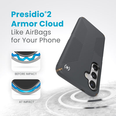 A case hits a hard surface. Diagrams show case lining before and at impact. Text reads Presidio2 Armor Cloud. Like airbags for your phone#color_charcoal-grey-cool-bronze
