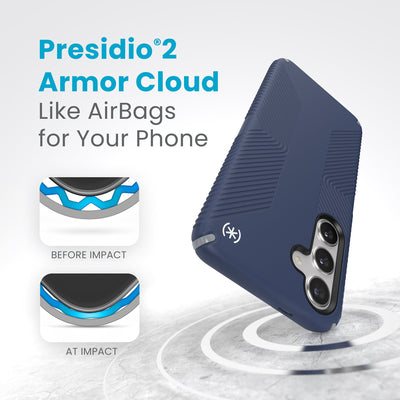 A case hits a hard surface. Diagrams show case lining before and at impact. Text reads Presidio2 Armor Cloud. Like airbags for your phone#color_coastal-blue-dust-grey