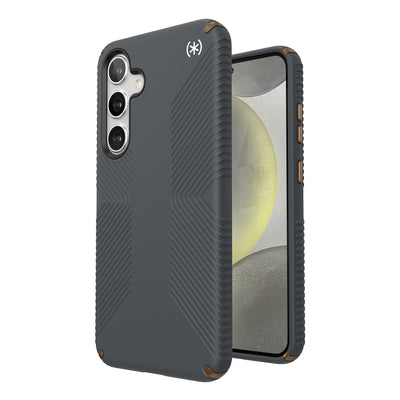 Three-quarter view of back of phone case simultaneously shown with three-quarter front view of phone case#color_charcoal-grey-cool-bronze