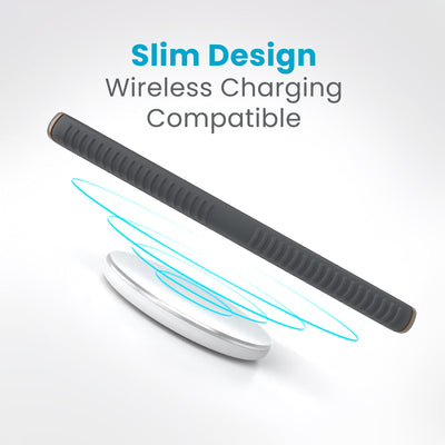A phone is charging over a wireless charger. Text reads slim design, wireless charging compatible#color_charcoal-grey-cool-bronze