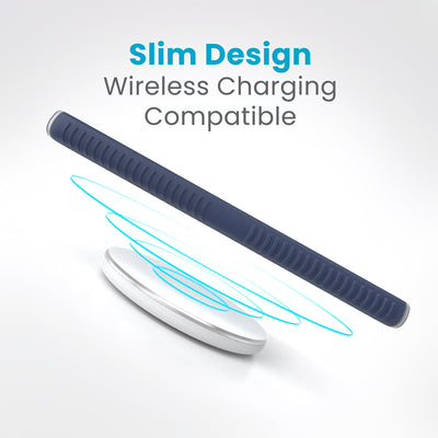 A phone is charging over a wireless charger. Text reads slim design, wireless charging compatible#color_coastal-blue-dust-grey
