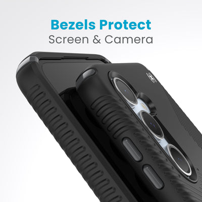 A case with camera facing up is on a case with screen facing up. Raised bezels around screen and camera are clearly visible. Text reads bezels protect screen and camera#color_black-slate-grey