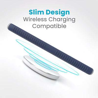 A phone is charging over a wireless charger. Text reads slim design, wireless charging compatible#color_coastal-blue-dust-grey