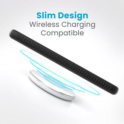 A phone is charging over a wireless charger. Text reads slim design, wireless charging compatible#color_black-slate-grey