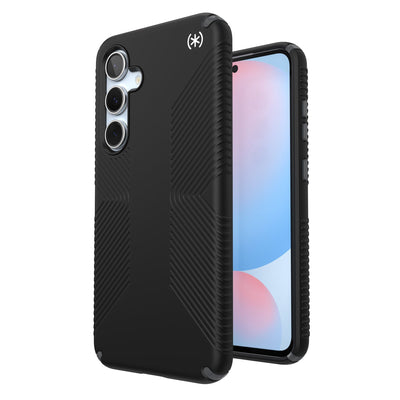 Three-quarter view of back of phone case simultaneously shown with three-quarter front view of phone case#color_black-slate-grey