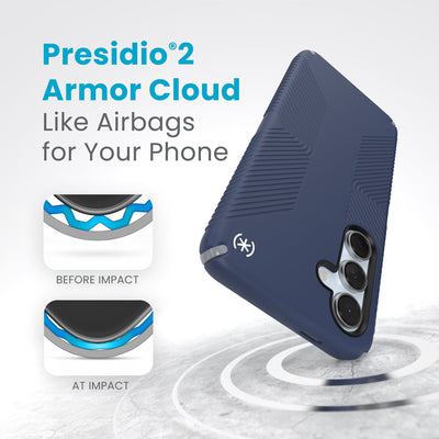 A case hits a hard surface. Diagrams show case lining before and at impact. Text reads Presidio2 Armor Cloud. Like airbags for your phone#color_coastal-blue-dust-grey