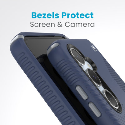 A case with camera facing up is on a case with screen facing up. Raised bezels around screen and camera are clearly visible. Text reads bezels protect screen and camera#color_coastal-blue-dust-grey