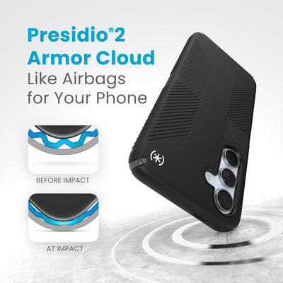 A case hits a hard surface. Diagrams show case lining before and at impact. Text reads Presidio2 Armor Cloud. Like airbags for your phone#color_black-slate-grey