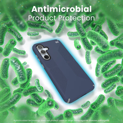 A case is surrounded by bacteria. A halo around the phone keeps the bacteria away. Text reads Antimicrobial product protection#color_coastal-blue-dust-grey