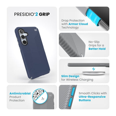 Summary of product features such as grips, wireless charging compatibility, drop and antimicrobial protection, ultra-responsive buttons#color_coastal-blue-dust-grey