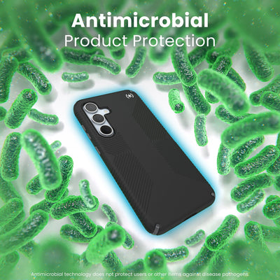 A case is surrounded by bacteria. A halo around the phone keeps the bacteria away. Text reads Antimicrobial product protection#color_black-slate-grey