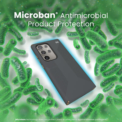 A case is surrounded by bacteria. A halo around the phone keeps the bacteria away. Text reads Microban antimicrobial product protection#color_charcoal-grey-cool-bronze