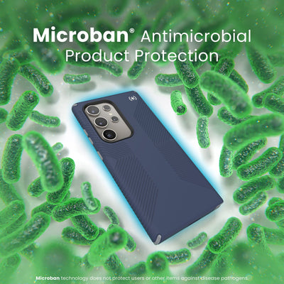 A case is surrounded by bacteria. A halo around the phone keeps the bacteria away. Text reads Microban antimicrobial product protection#color_coastal-blue-dust-grey
