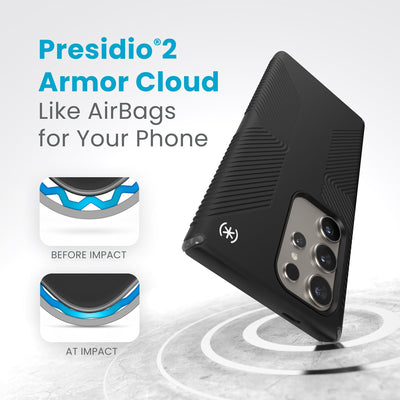 A case hits a hard surface. Diagrams show case lining before and at impact. Text reads Presidio2 Armor Cloud. Like airbags for your phone#color_black-slate-grey