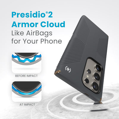 A case hits a hard surface. Diagrams show case lining before and at impact. Text reads Presidio2 Armor Cloud. Like airbags for your phone#color_charcoal-grey-cool-bronze