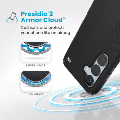 A corner of the case impacts the ground - a diagram shows interior cushion of phone before impact and on impact. Text reads Presidio2 Armor Cloud: Cushions and protects your phone like an airbag#color_black-slate-grey