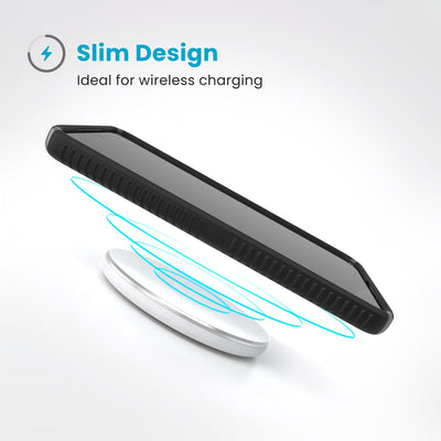 A phone in the case hovers above a wireless charger. Text reads Slim Design: Ideal for wireless charging#color_black-slate-grey