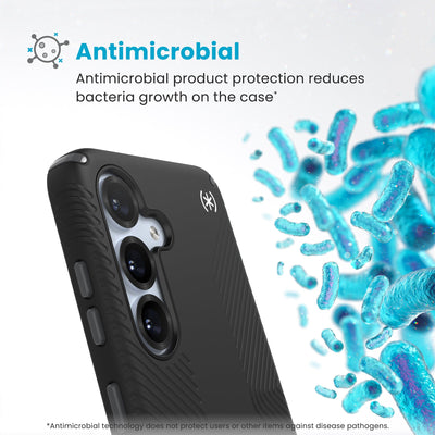 Bacteria is shown around phone case but not on it. Text reads Antimicrobial: Antimicrobial product protection reduces bacteria growth on the case (Antimicrobial technology does not protect users or other items against disease pathogens)#color_black-slate-grey