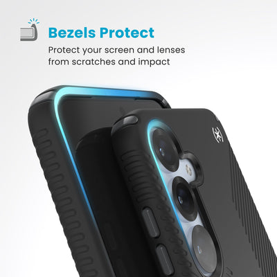 Raised bezels around phone screen and camera are highlighted. Text reads Bezels Protect: Protect your screen and lenses from scratches and impact#color_black-slate-grey