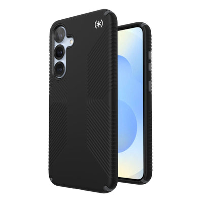 Three-quarter view of back of phone case with phone inside shown over top of front view of phone case with phone inside#color_black-slate-grey