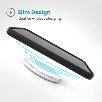 A phone in the case hovers above a wireless charger. Text reads Slim Design: Ideal for wireless charging#color_black-slate-grey