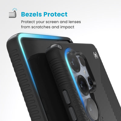 Raised bezels around phone screen and camera are highlighted. Text reads Bezels Protect: Protect your screen and lenses from scratches and impact#color_black-slate-grey