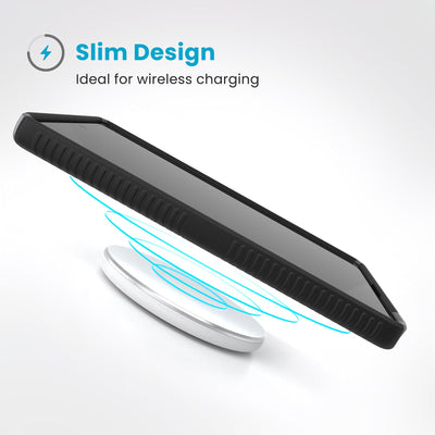 A phone in the case hovers above a wireless charger. Text reads Slim Design: Ideal for wireless charging#color_black-slate-grey