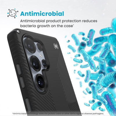 Bacteria is shown around phone case but not on it. Text reads Antimicrobial: Antimicrobial product protection reduces bacteria growth on the case (Antimicrobial technology does not protect users or other items against disease pathogens)#color_black-slate-grey