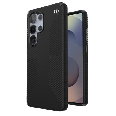 Three-quarter view of back of phone case with phone inside shown over top of front view of phone case with phone inside#color_black-slate-grey