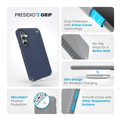Summary of all product features such as slim design for wireless charging compatibility, drop protection with Armor Cloud technology, Microban antimicrobial product protection, no-slip grips for a better hold, and smooth clicks with ultra-responsive buttons.#color_coastal-blue-dust-grey