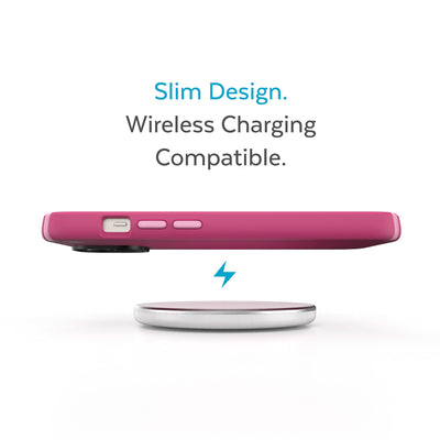 Side view of phone case hovering above a wireless charger - Slim design. Wireless charging compatible.#color_digital-pink-blossom-pink