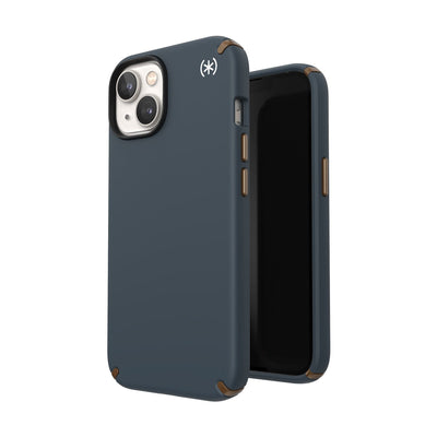 Three-quarter view of back of phone case simultaneously shown with three-quarter front view of phone case#color_charcoal-grey-cool-bronze