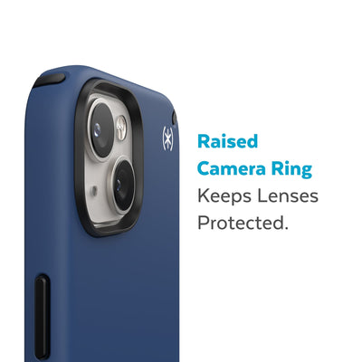 Slightly tilted view of side of phone case showing phone cameras - Raised camera ring keeps lenses protected.#color_coastal-blue-black