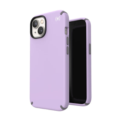 Three-quarter view of back of phone case simultaneously shown with three-quarter front view of phone case#color_spring-purple-cloudy-grey