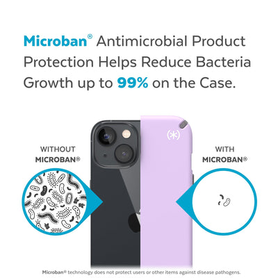 Back view, half without case, other with case, less germs on case - Microban antimicrobial product protection helps reduce bacteria growth up to 99% on the case.#color_spring-purple-cloudy-grey