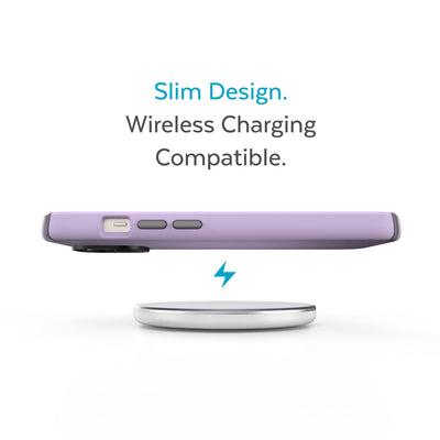 Side view of phone case hovering above a wireless charger - Slim design. Wireless charging compatible.#color_spring-purple-cloudy-grey